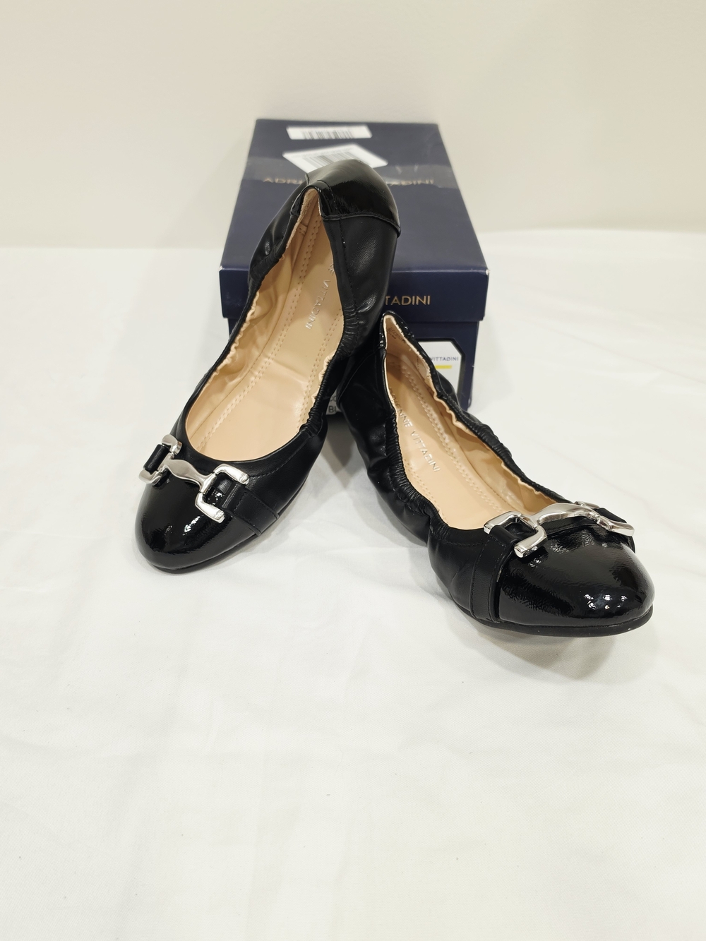 Adrienne Vittadini Cadeeno Black  Leather Ballet Flats with Silver Hardware